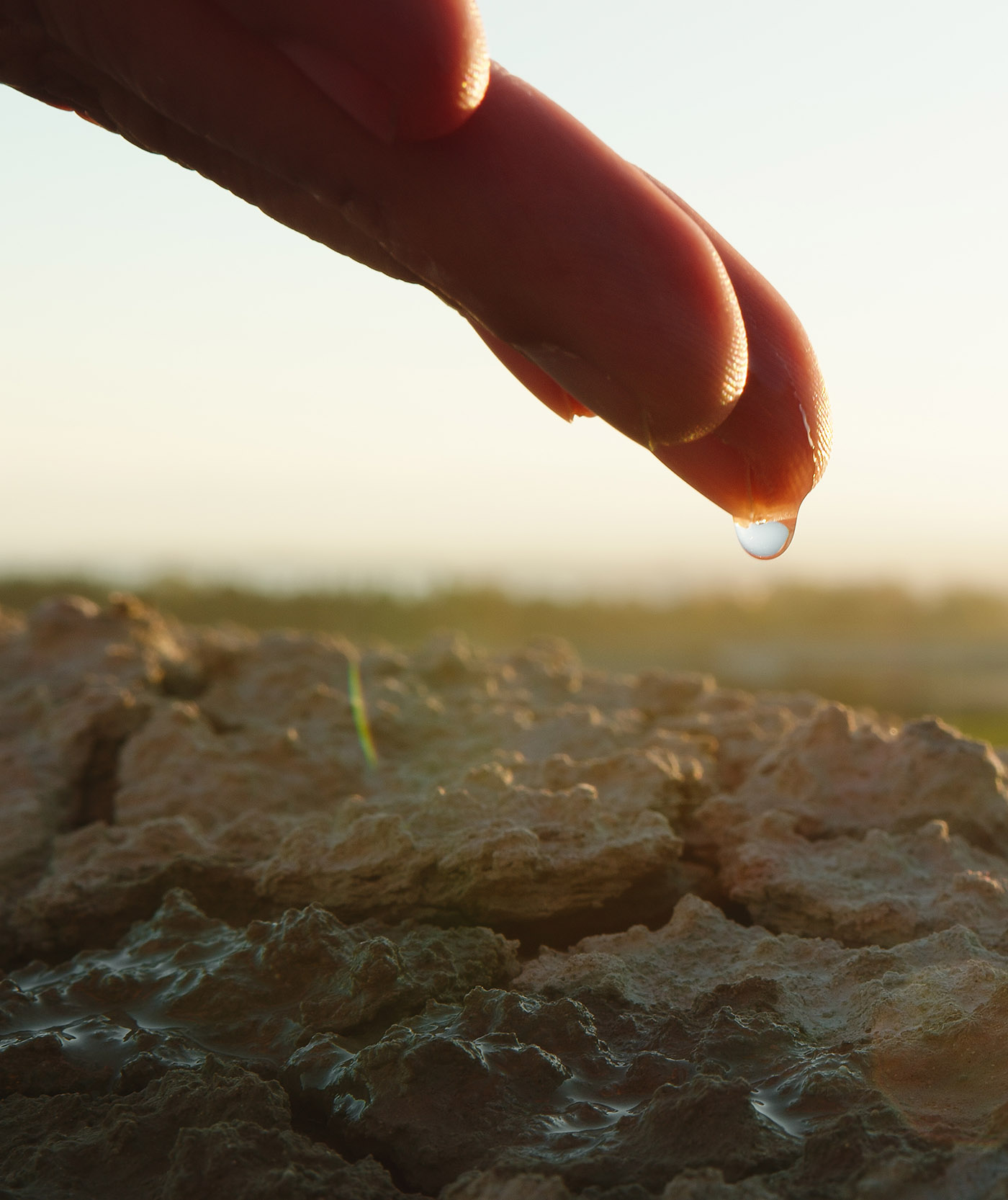 Hand drips water on the ground.